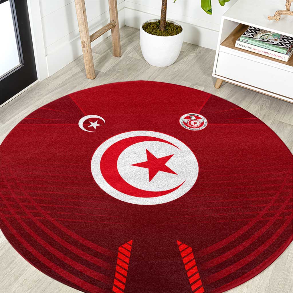 Tunisia National Flag Round Carpet with Crescent Star Emblem and Red Sport Design