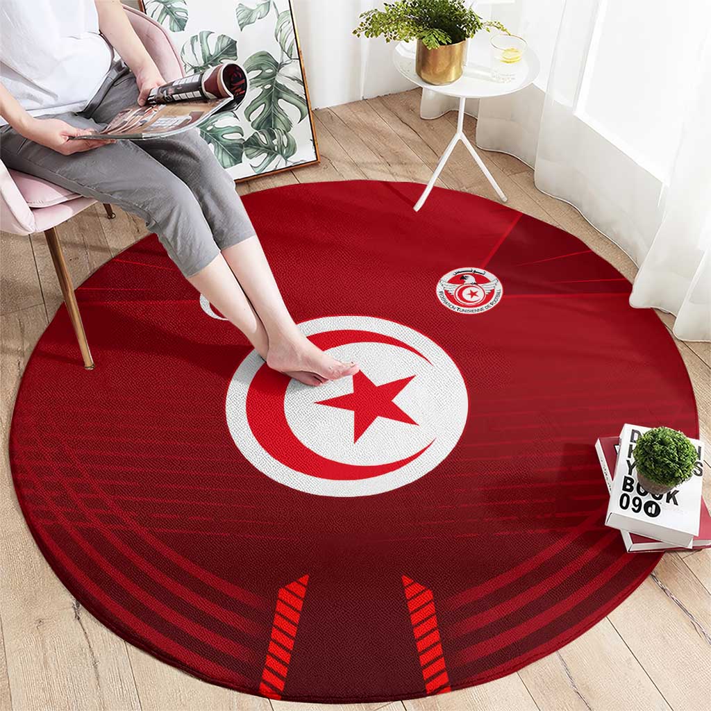 Tunisia National Flag Round Carpet with Crescent Star Emblem and Red Sport Design