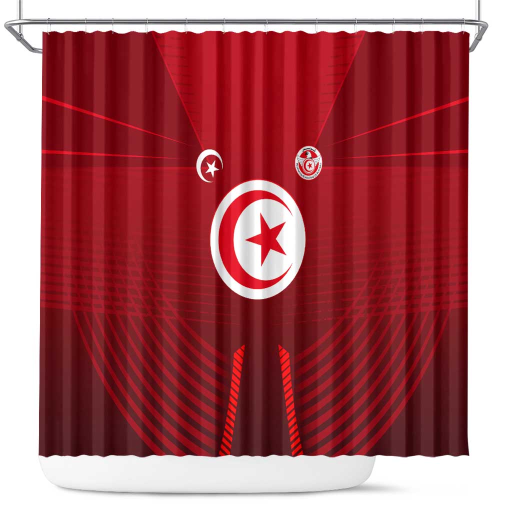 Tunisia National Flag Shower Curtain with Crescent Star Emblem and Red Sport Design