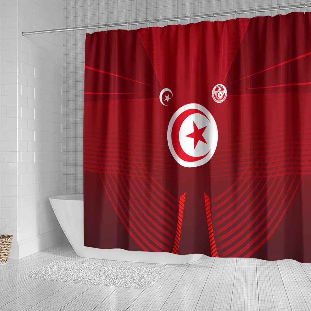 Tunisia National Flag Shower Curtain with Crescent Star Emblem and Red Sport Design