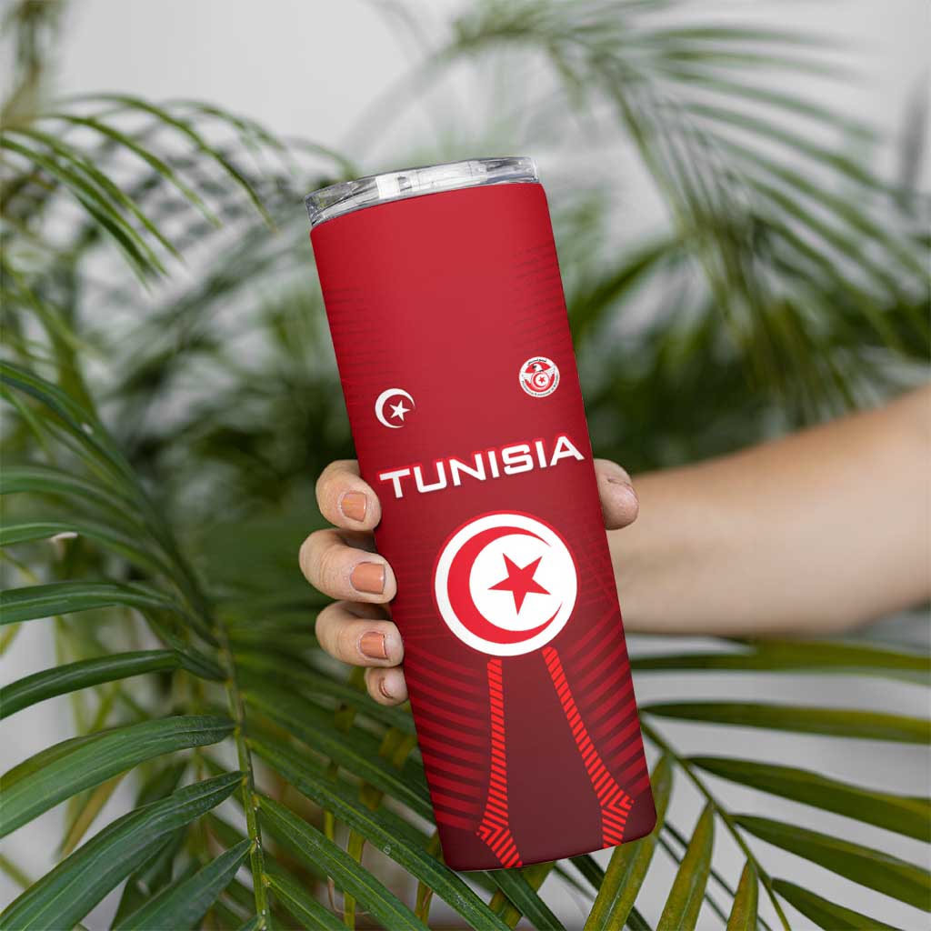 Tunisia National Flag Skinny Tumbler with Crescent Star Emblem and Red Sport Design