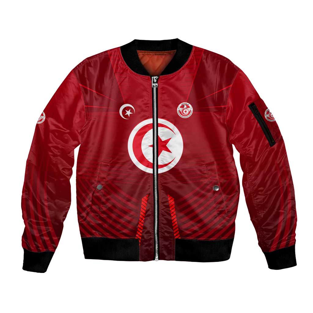 Tunisia National Flag Sleeve Zip Bomber Jacket with Crescent Star Emblem and Red Sport Design
