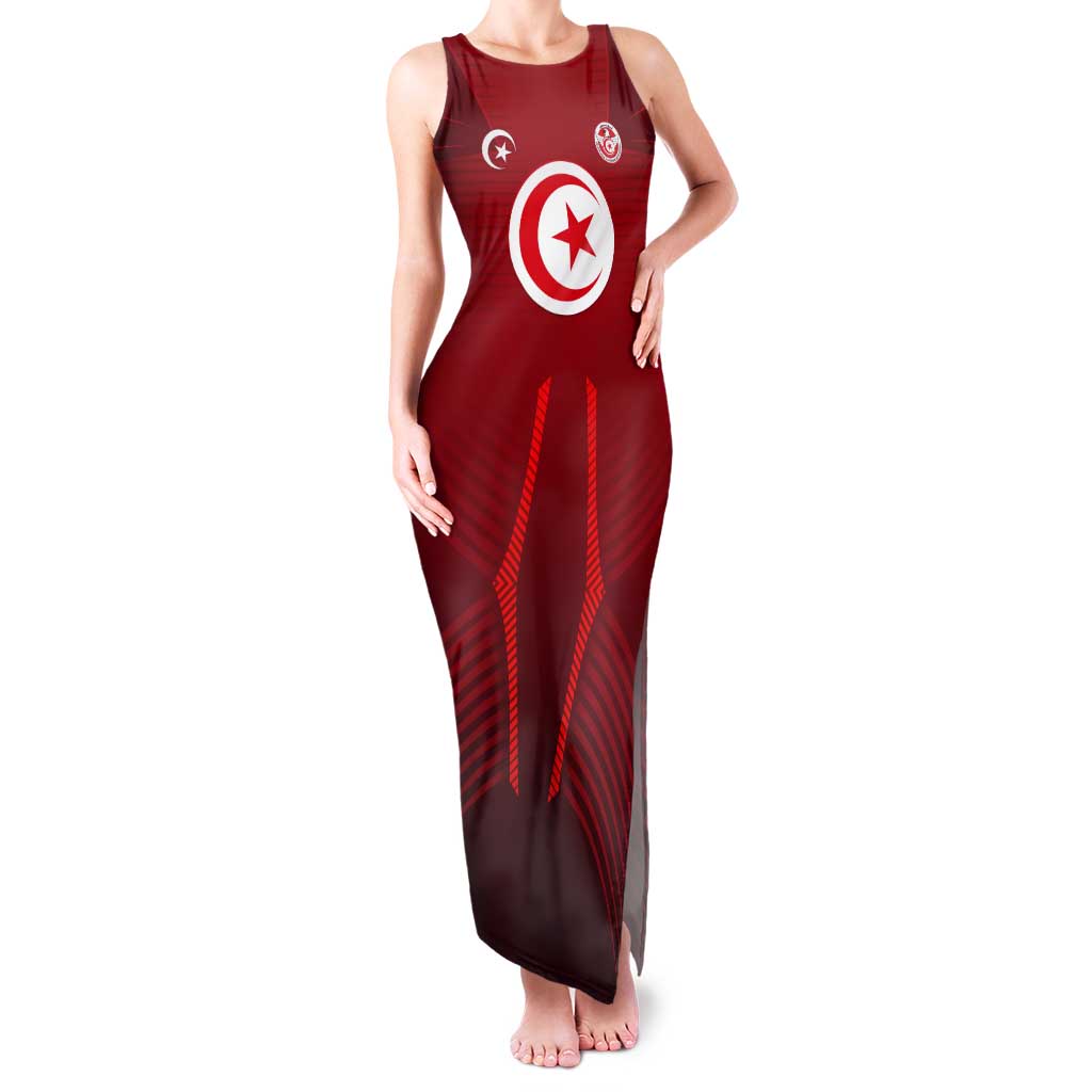 Tunisia National Flag Tank Maxi Dress with Crescent Star Emblem and Red Sport Design