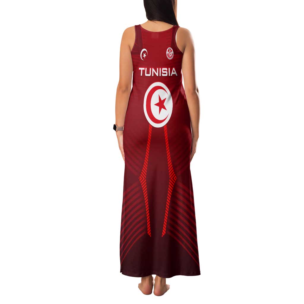 Tunisia National Flag Tank Maxi Dress with Crescent Star Emblem and Red Sport Design