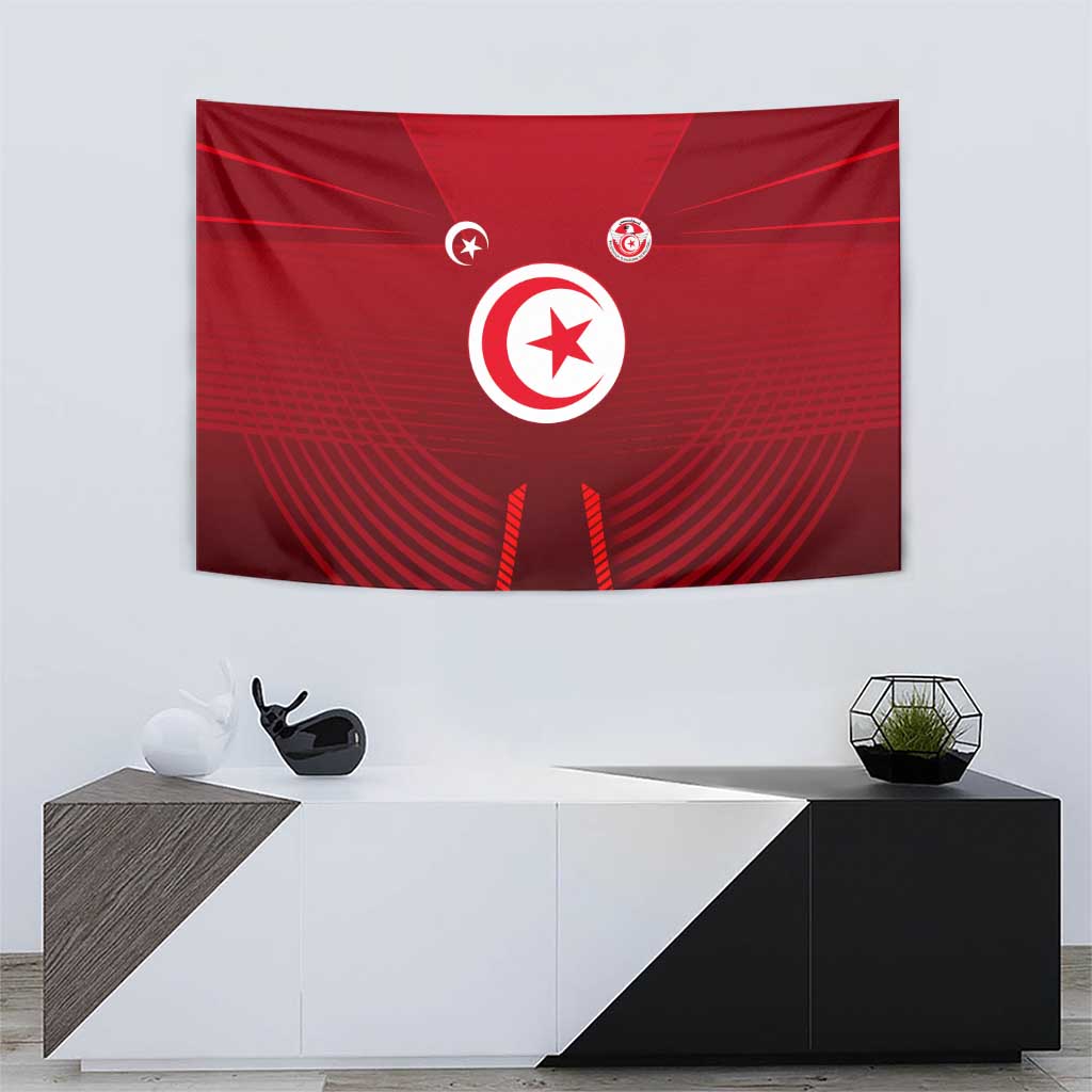 Tunisia National Flag Tapestry with Crescent Star Emblem and Red Sport Design
