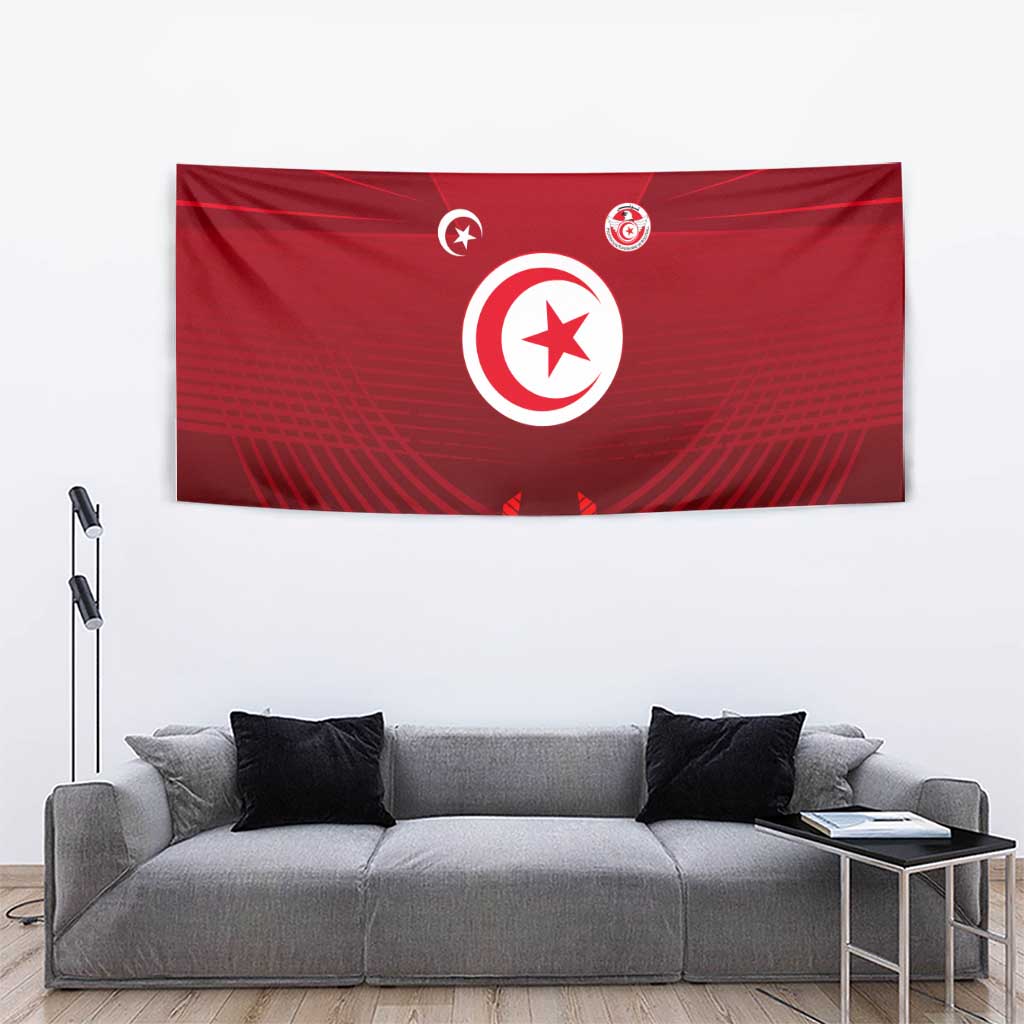 Tunisia National Flag Tapestry with Crescent Star Emblem and Red Sport Design