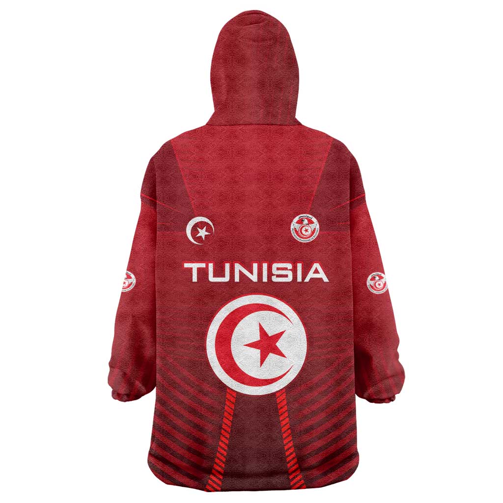 Tunisia National Flag Wearable Blanket Hoodie with Crescent Star Emblem and Red Sport Design