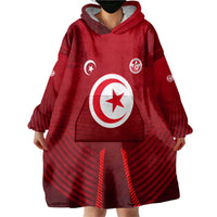 Tunisia National Flag Wearable Blanket Hoodie with Crescent Star Emblem and Red Sport Design