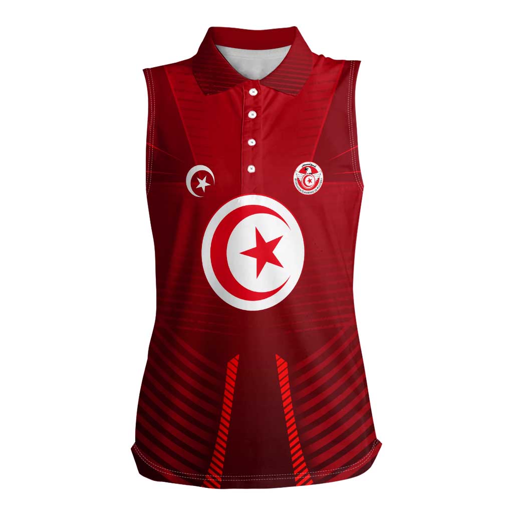 Tunisia National Flag Women Sleeveless Polo Shirt with Crescent Star Emblem and Red Sport Design