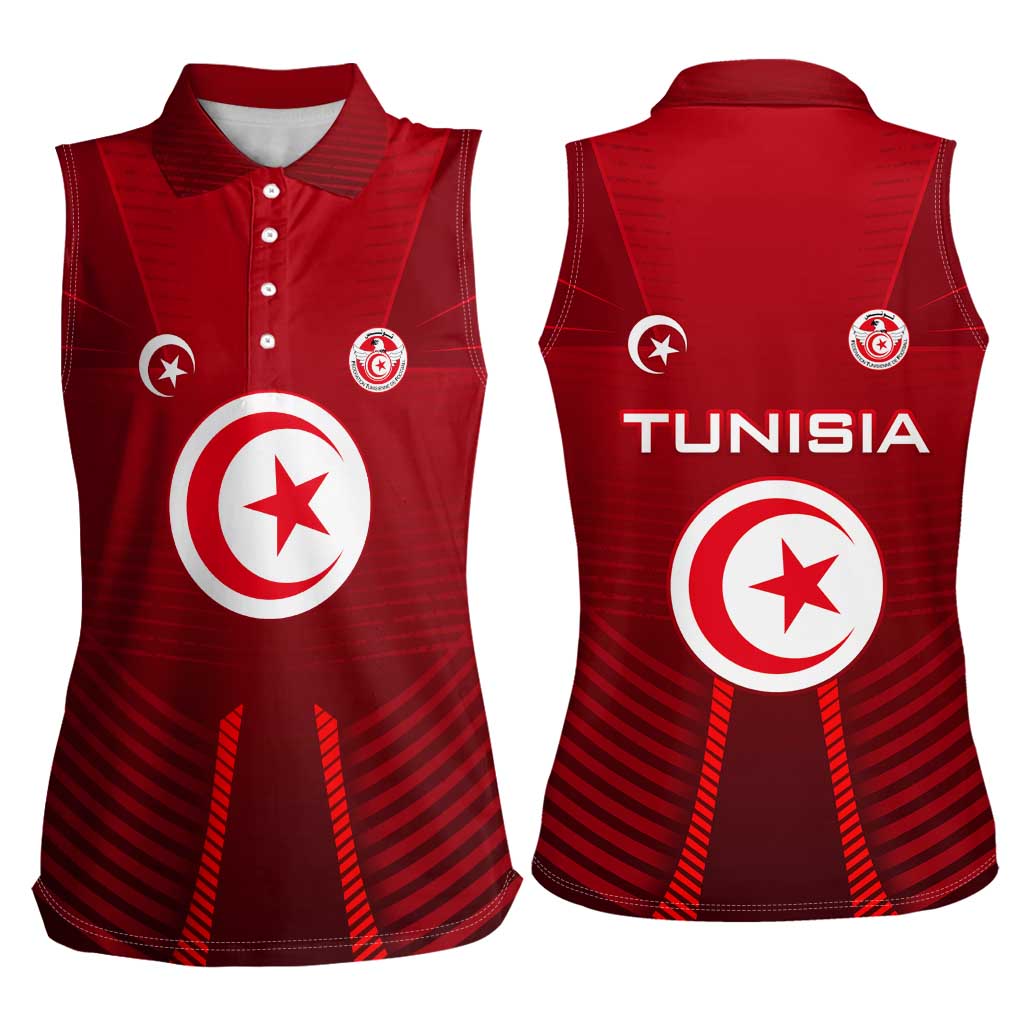 Tunisia National Flag Women Sleeveless Polo Shirt with Crescent Star Emblem and Red Sport Design