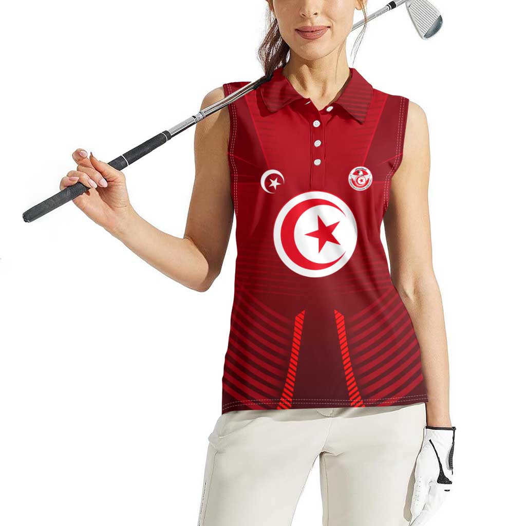 Tunisia National Flag Women Sleeveless Polo Shirt with Crescent Star Emblem and Red Sport Design