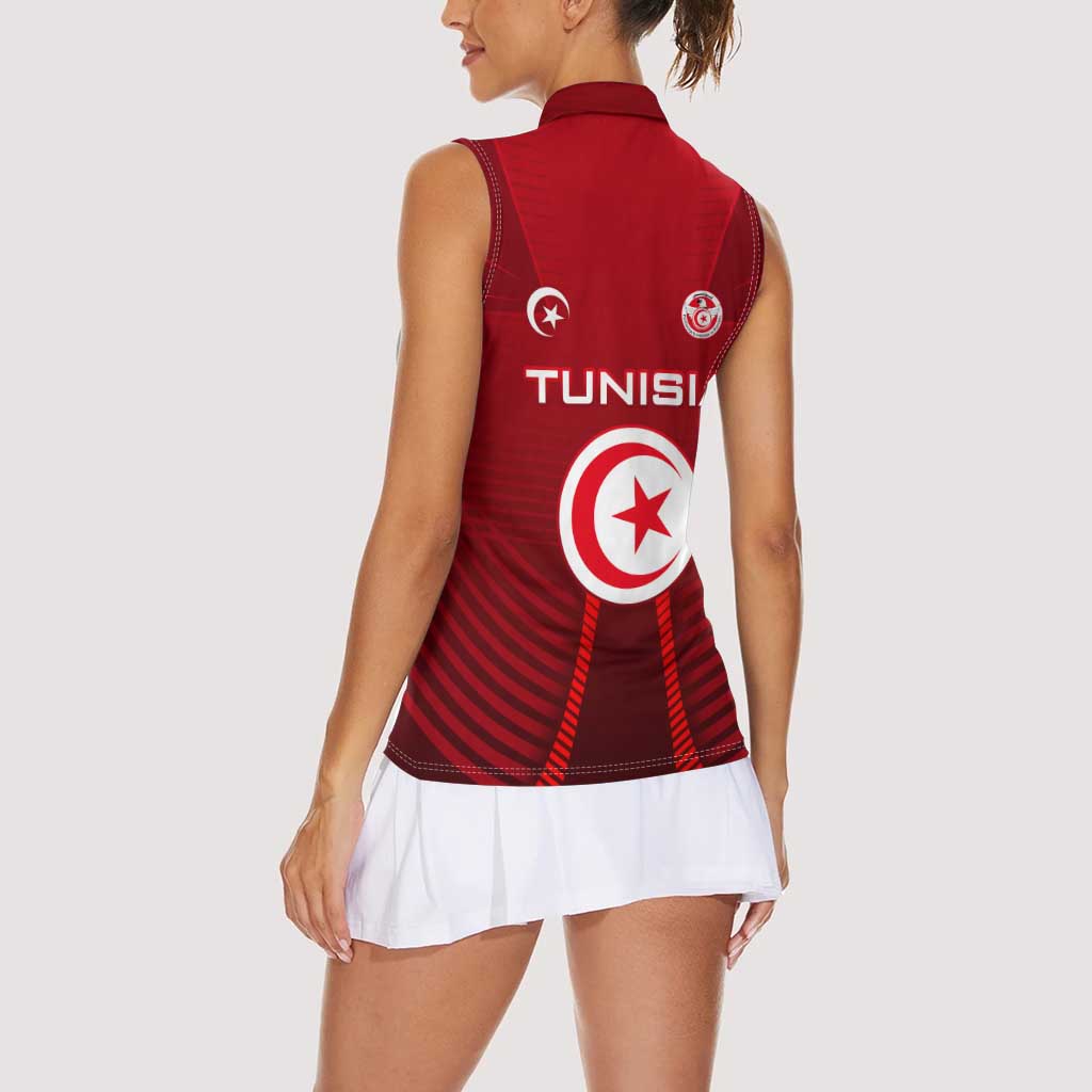 Tunisia National Flag Women Sleeveless Polo Shirt with Crescent Star Emblem and Red Sport Design