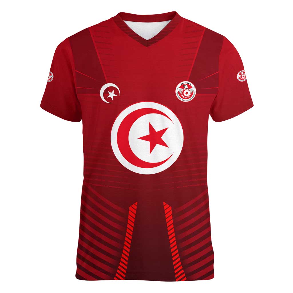 Tunisia National Flag Women V-Neck T-Shirt with Crescent Star Emblem and Red Sport Design