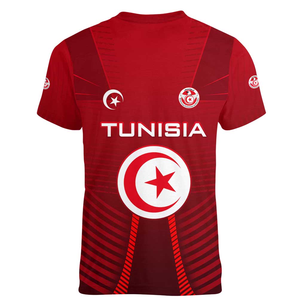 Tunisia National Flag Women V-Neck T-Shirt with Crescent Star Emblem and Red Sport Design