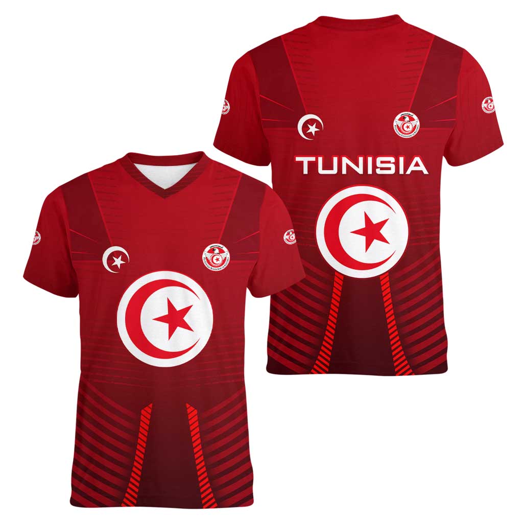 Tunisia National Flag Women V-Neck T-Shirt with Crescent Star Emblem and Red Sport Design