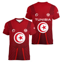 Tunisia National Flag Women V-Neck T-Shirt with Crescent Star Emblem and Red Sport Design