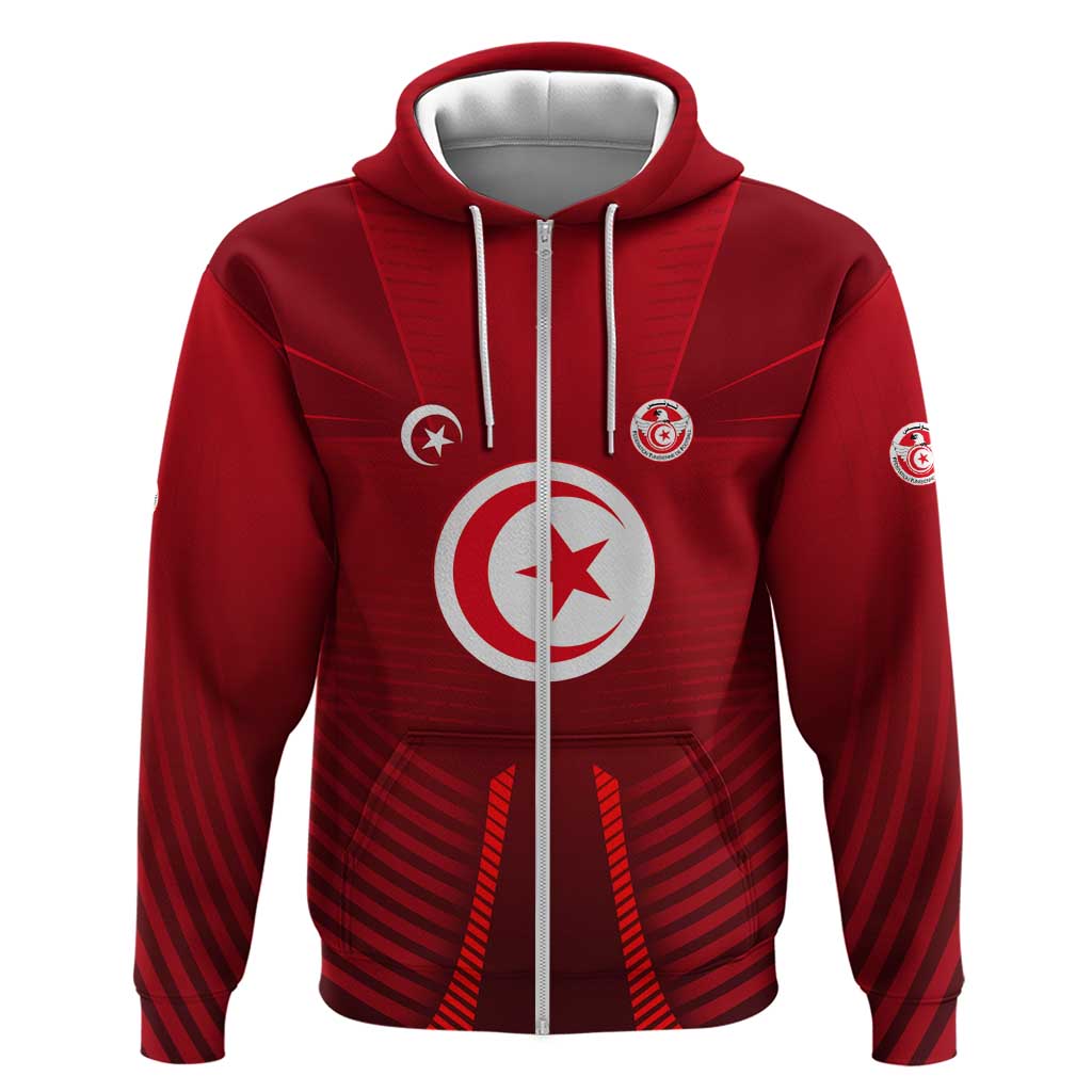 Tunisia National Flag Zip Hoodie with Crescent Star Emblem and Red Sport Design