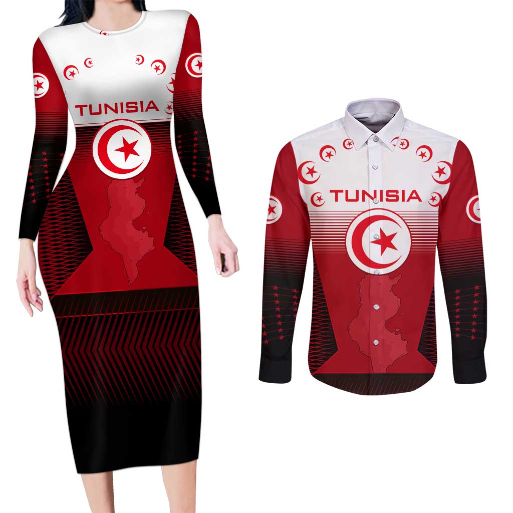 Tunisia Patriotic Couples Matching Long Sleeve Bodycon Dress and Long Sleeve Button Shirt with National Crest, Crescent Star and Country Map