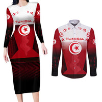 Tunisia Patriotic Couples Matching Long Sleeve Bodycon Dress and Long Sleeve Button Shirt with National Crest, Crescent Star and Country Map