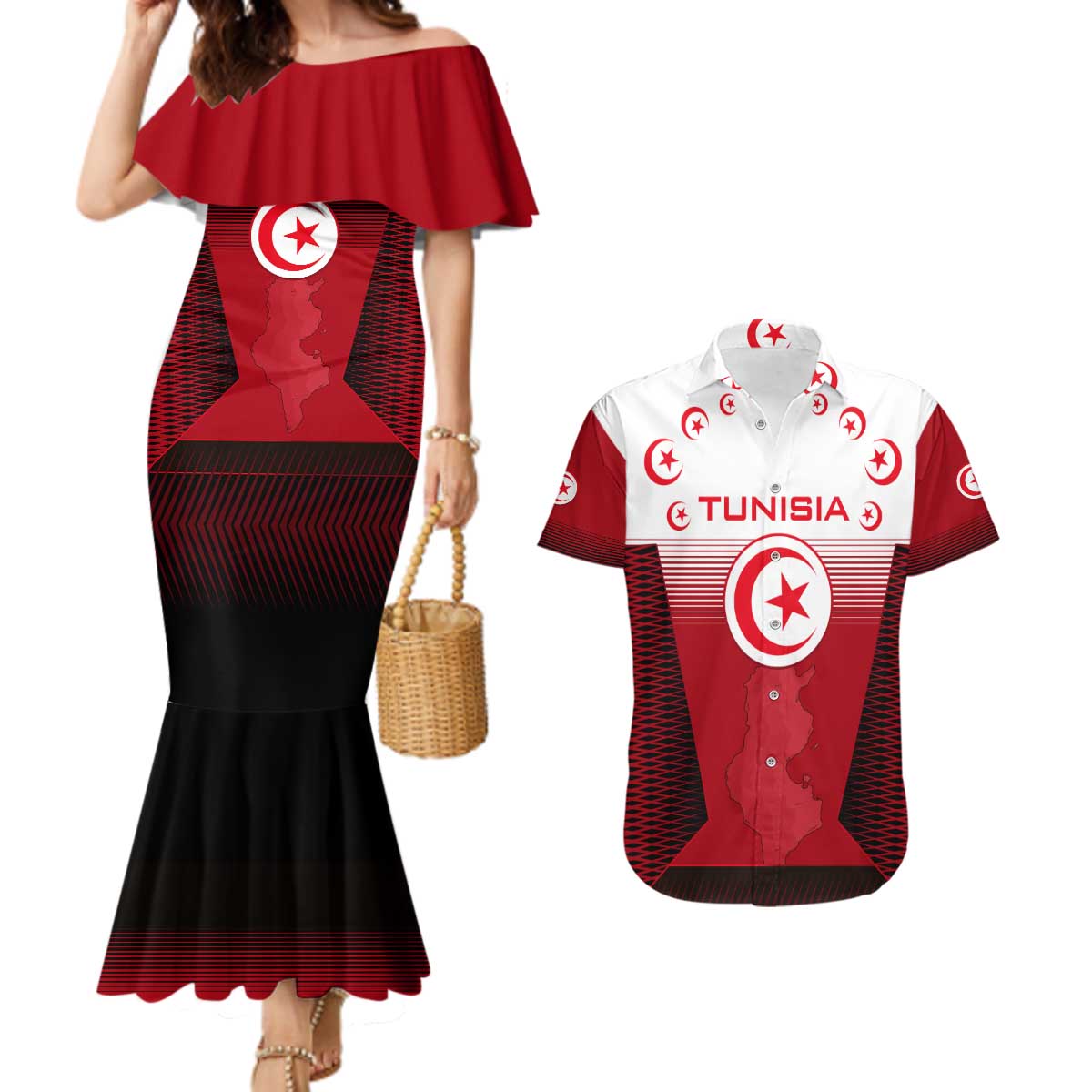 Tunisia Patriotic Couples Matching Mermaid Dress and Hawaiian Shirt with National Crest, Crescent Star and Country Map