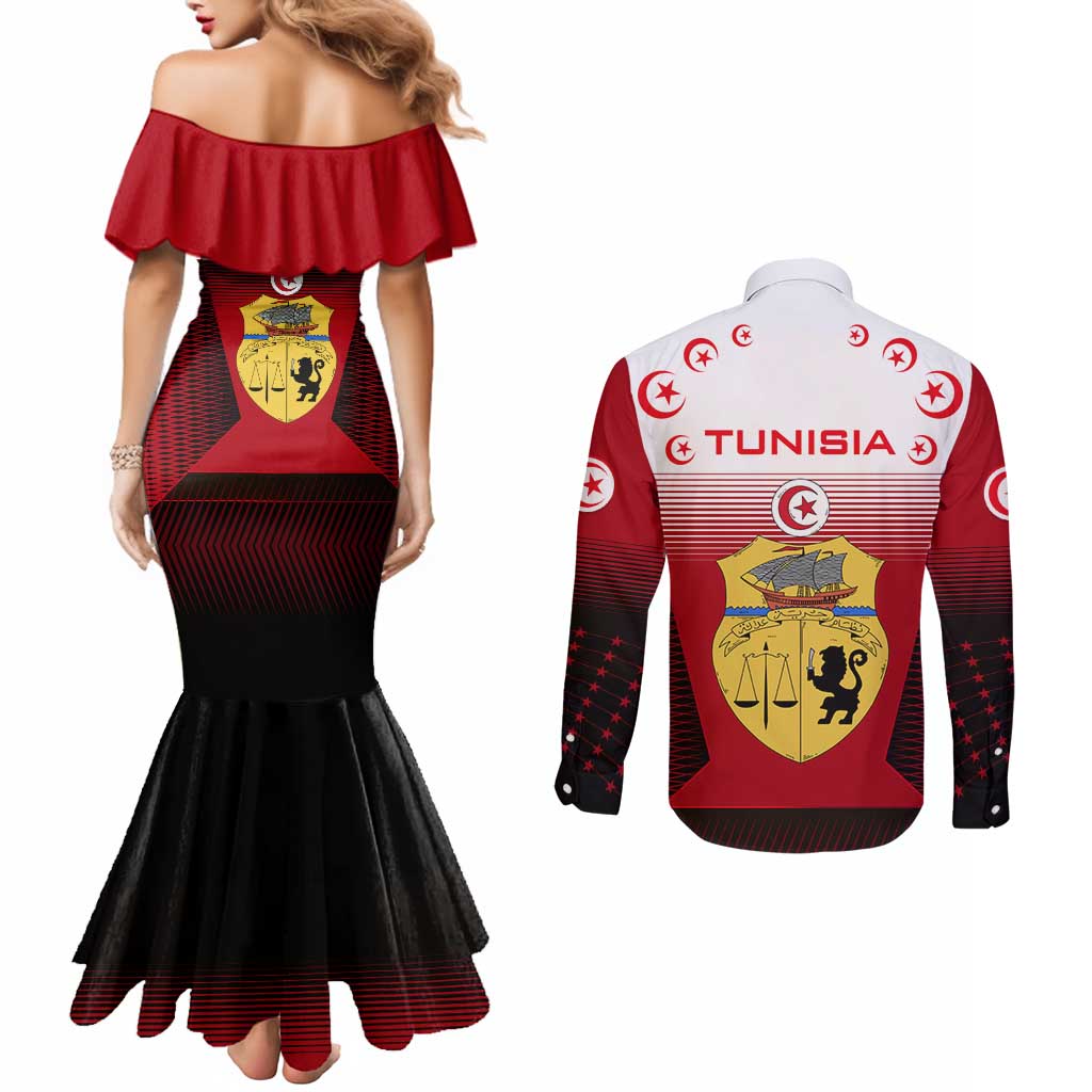 Tunisia Patriotic Couples Matching Mermaid Dress and Long Sleeve Button Shirt with National Crest, Crescent Star and Country Map