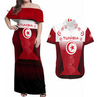 Tunisia Patriotic Couples Matching Off Shoulder Maxi Dress and Hawaiian Shirt with National Crest, Crescent Star and Country Map