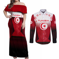Tunisia Patriotic Couples Matching Off Shoulder Maxi Dress and Long Sleeve Button Shirt with National Crest, Crescent Star and Country Map