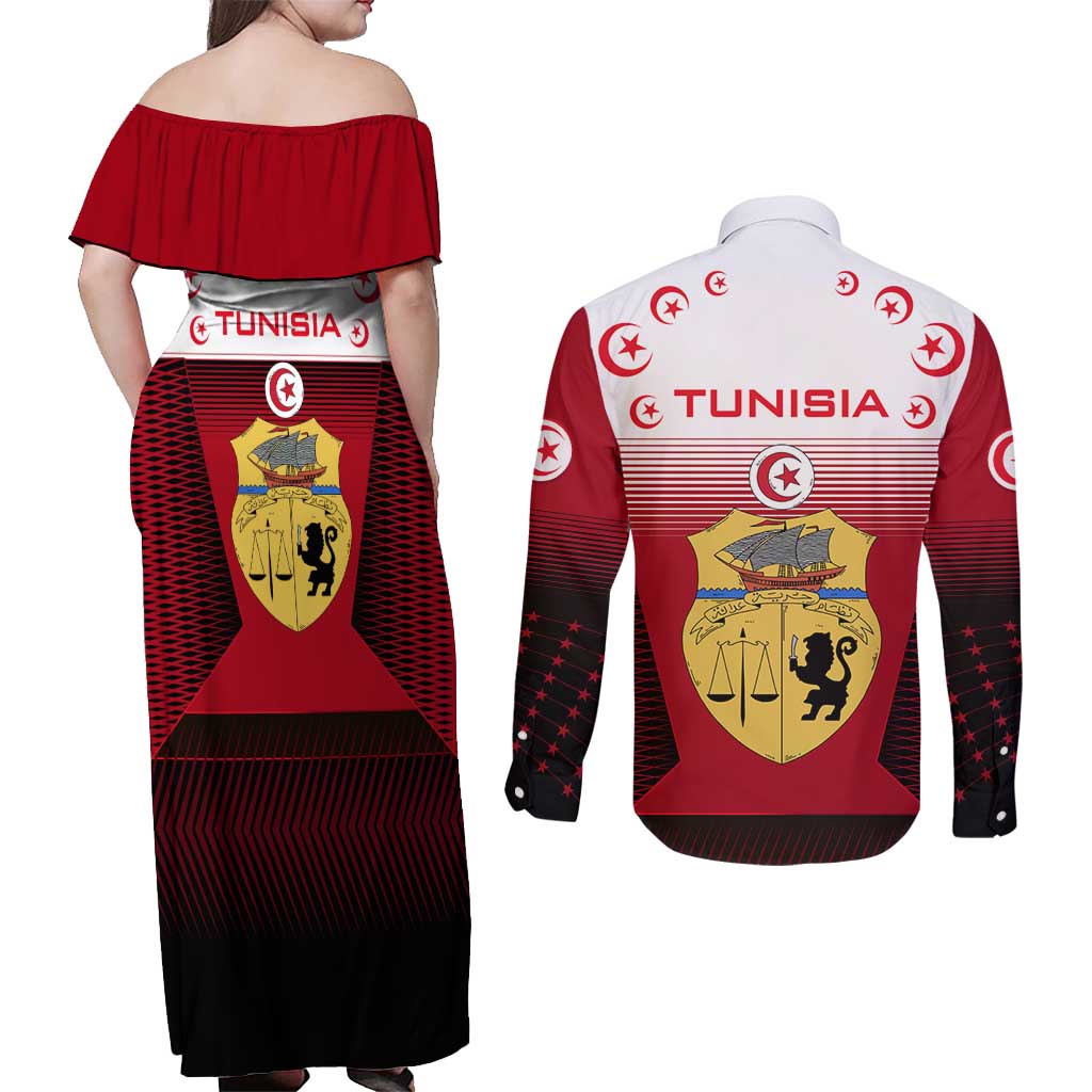 Tunisia Patriotic Couples Matching Off Shoulder Maxi Dress and Long Sleeve Button Shirt with National Crest, Crescent Star and Country Map