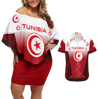 Tunisia Patriotic Couples Matching Off Shoulder Short Dress and Hawaiian Shirt with National Crest, Crescent Star and Country Map