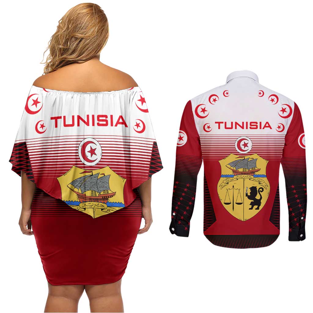 Tunisia Patriotic Couples Matching Off Shoulder Short Dress and Long Sleeve Button Shirt with National Crest, Crescent Star and Country Map