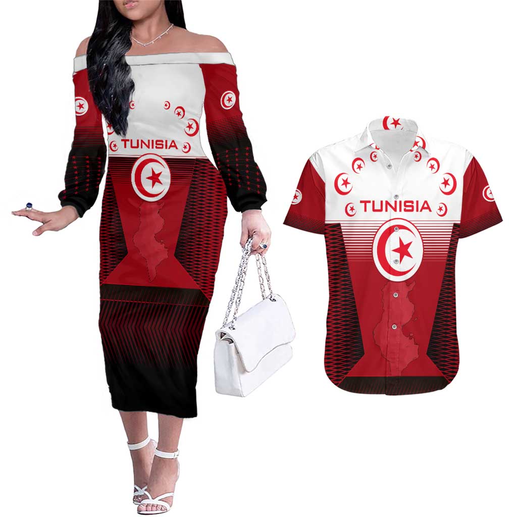 Tunisia Patriotic Couples Matching Off The Shoulder Long Sleeve Dress and Hawaiian Shirt with National Crest, Crescent Star and Country Map