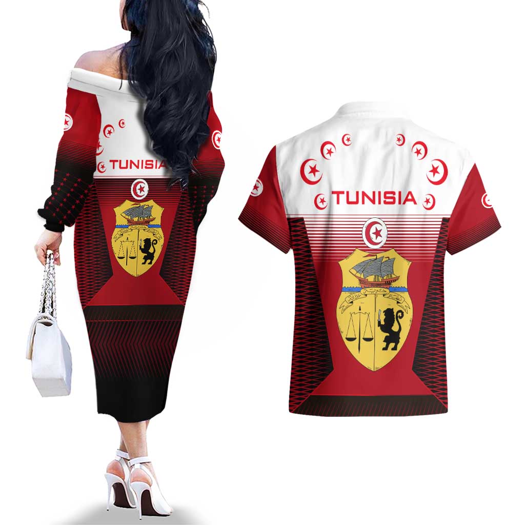 Tunisia Patriotic Couples Matching Off The Shoulder Long Sleeve Dress and Hawaiian Shirt with National Crest, Crescent Star and Country Map
