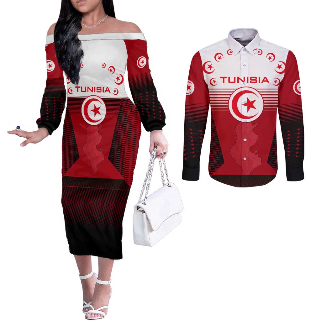 Tunisia Patriotic Couples Matching Off The Shoulder Long Sleeve Dress and Long Sleeve Button Shirt with National Crest, Crescent Star and Country Map