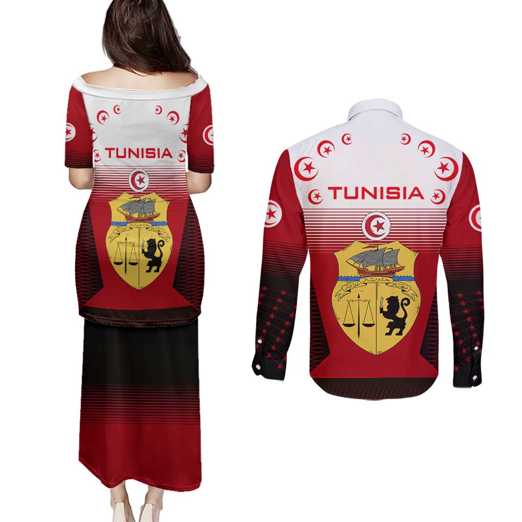 Tunisia Patriotic Couples Matching Puletasi and Long Sleeve Button Shirt with National Crest, Crescent Star and Country Map