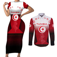 Tunisia Patriotic Couples Matching Short Sleeve Bodycon Dress and Long Sleeve Button Shirt with National Crest, Crescent Star and Country Map