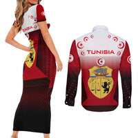 Tunisia Patriotic Couples Matching Short Sleeve Bodycon Dress and Long Sleeve Button Shirt with National Crest, Crescent Star and Country Map