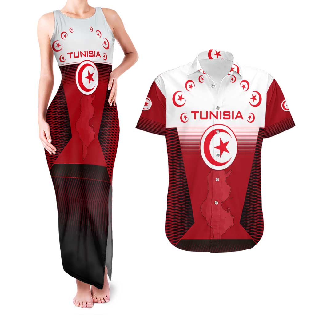 Tunisia Patriotic Couples Matching Tank Maxi Dress and Hawaiian Shirt with National Crest, Crescent Star and Country Map