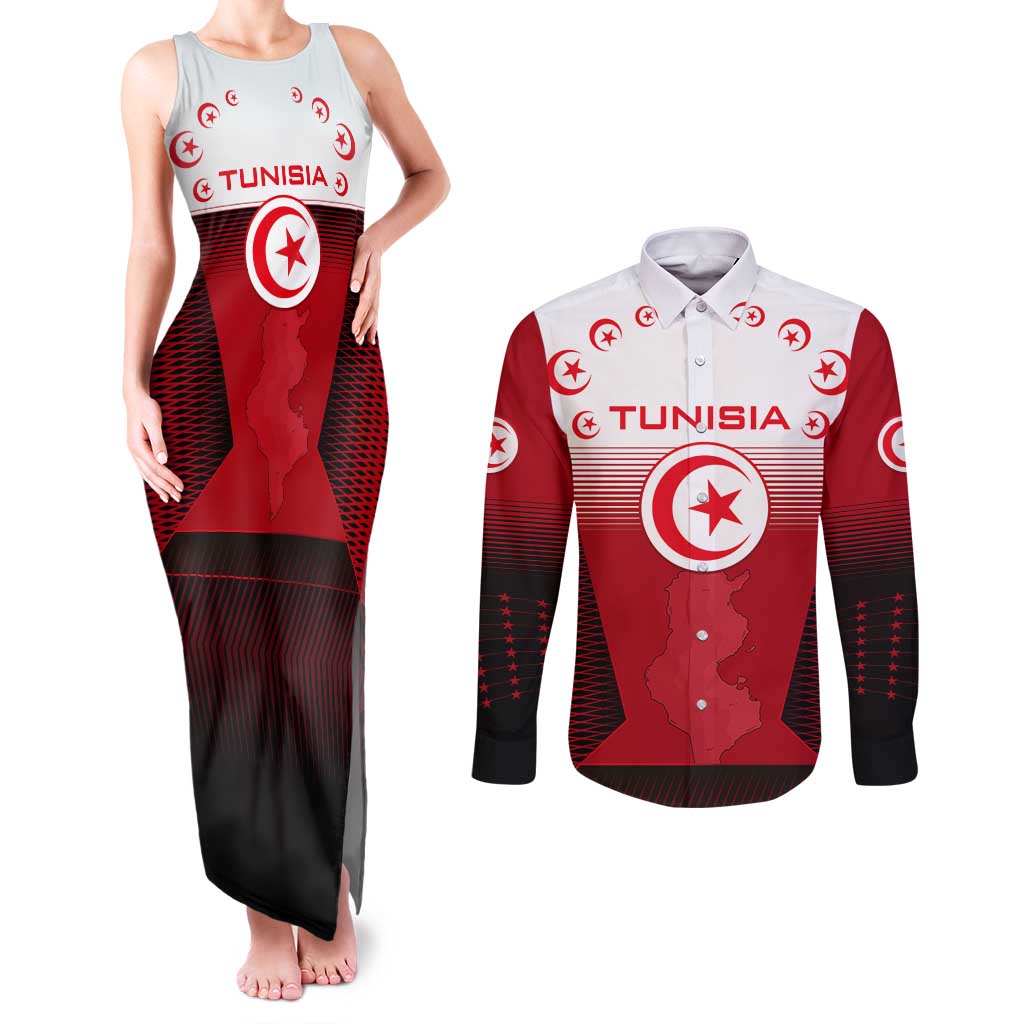 Tunisia Patriotic Couples Matching Tank Maxi Dress and Long Sleeve Button Shirt with National Crest, Crescent Star and Country Map