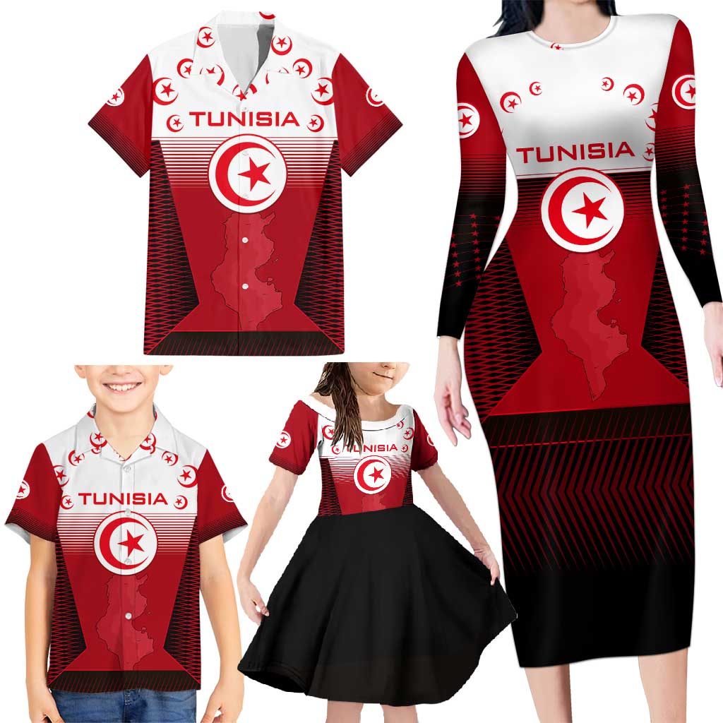 Tunisia Patriotic Family Matching Long Sleeve Bodycon Dress and Hawaiian Shirt with National Crest, Crescent Star and Country Map