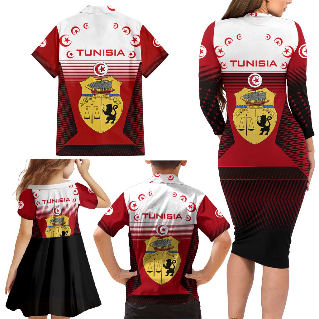 Tunisia Patriotic Family Matching Long Sleeve Bodycon Dress and Hawaiian Shirt with National Crest, Crescent Star and Country Map