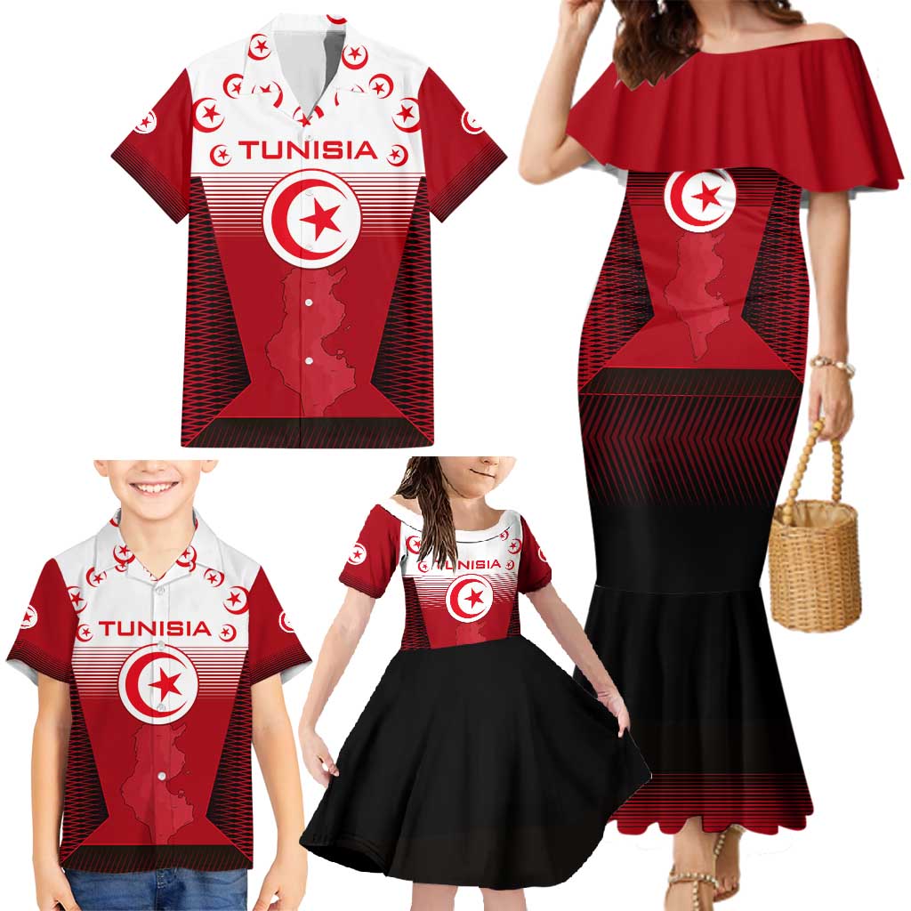 Tunisia Patriotic Family Matching Mermaid Dress and Hawaiian Shirt with National Crest, Crescent Star and Country Map
