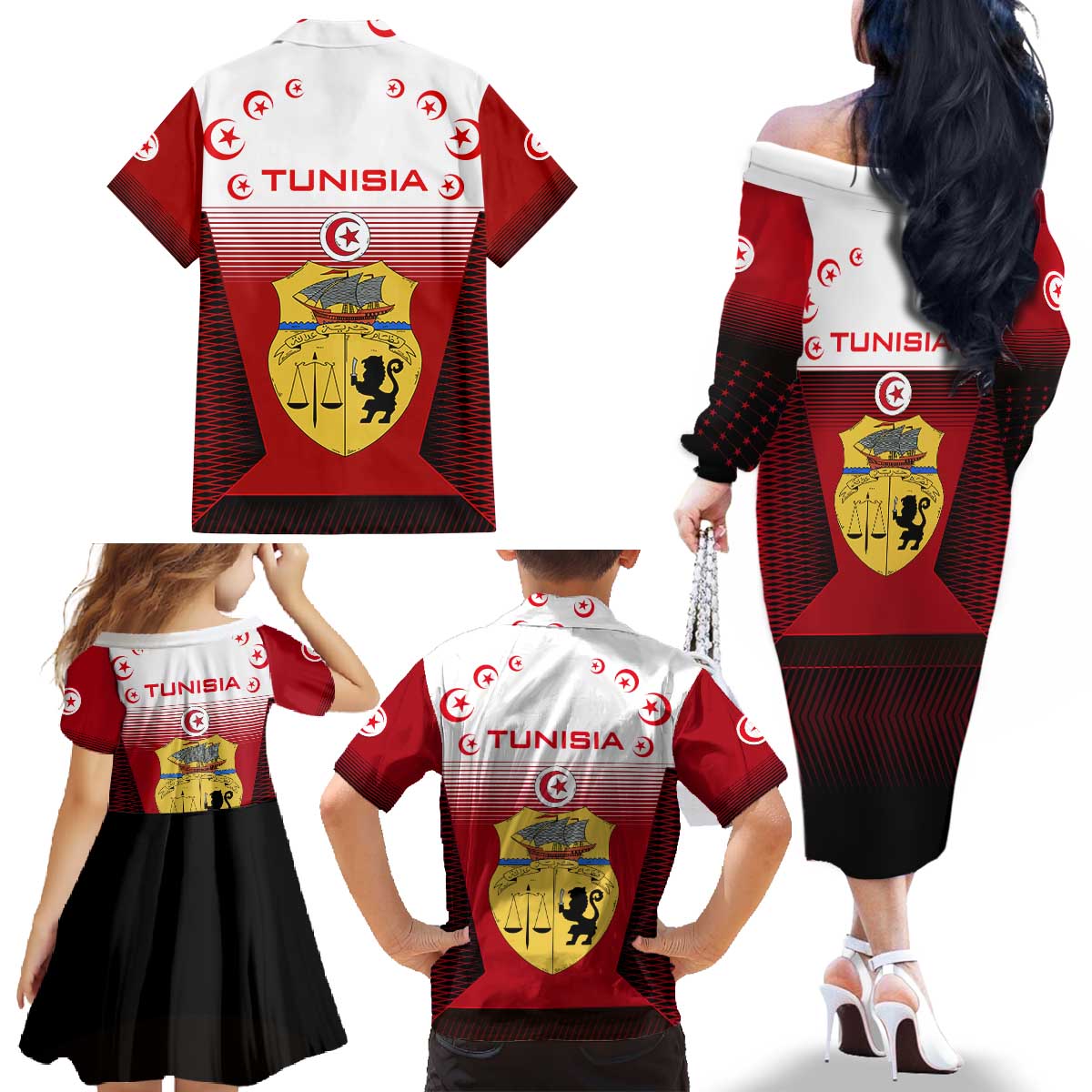 Tunisia Patriotic Family Matching Off The Shoulder Long Sleeve Dress and Hawaiian Shirt with National Crest, Crescent Star and Country Map