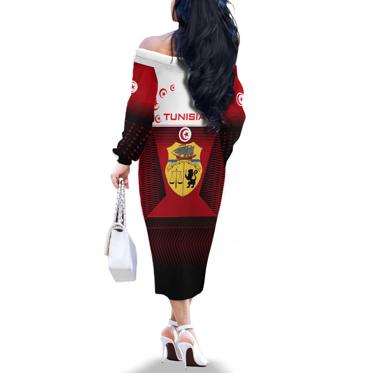 Tunisia Patriotic Family Matching Off The Shoulder Long Sleeve Dress and Hawaiian Shirt with National Crest, Crescent Star and Country Map