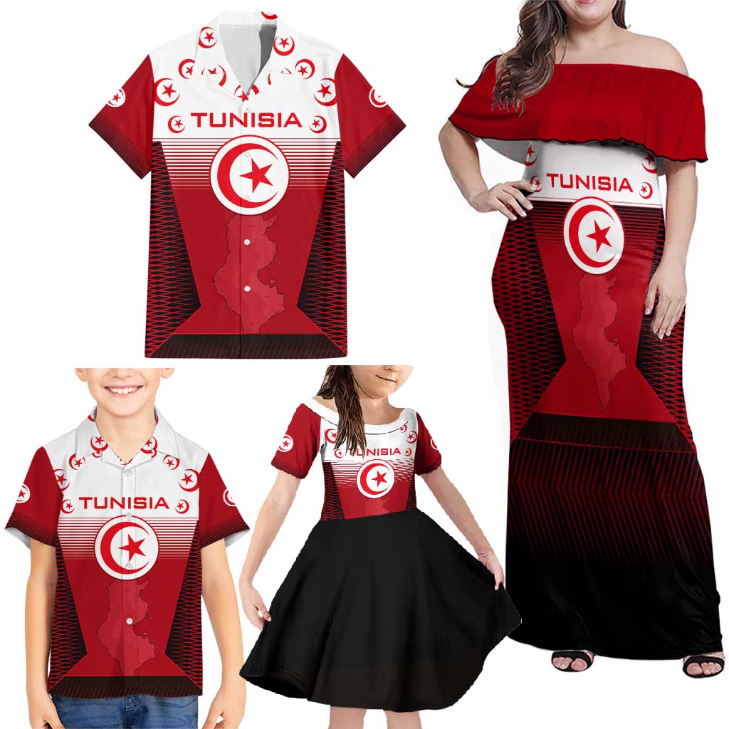 Tunisia Patriotic Family Matching Off Shoulder Maxi Dress and Hawaiian Shirt with National Crest, Crescent Star and Country Map