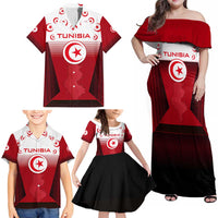 Tunisia Patriotic Family Matching Off Shoulder Maxi Dress and Hawaiian Shirt with National Crest, Crescent Star and Country Map
