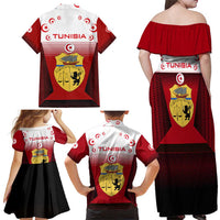 Tunisia Patriotic Family Matching Off Shoulder Maxi Dress and Hawaiian Shirt with National Crest, Crescent Star and Country Map