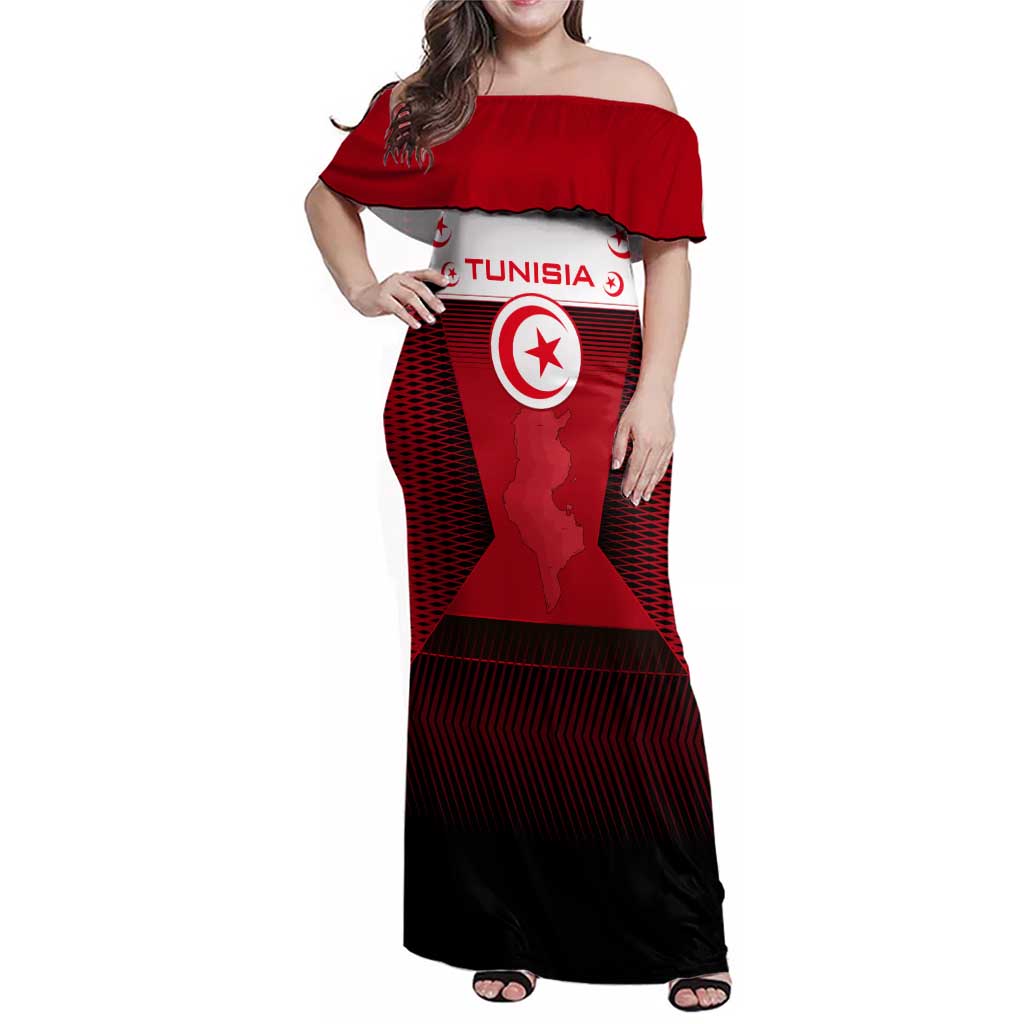 Tunisia Patriotic Family Matching Off Shoulder Maxi Dress and Hawaiian Shirt with National Crest, Crescent Star and Country Map