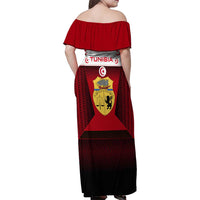 Tunisia Patriotic Family Matching Off Shoulder Maxi Dress and Hawaiian Shirt with National Crest, Crescent Star and Country Map