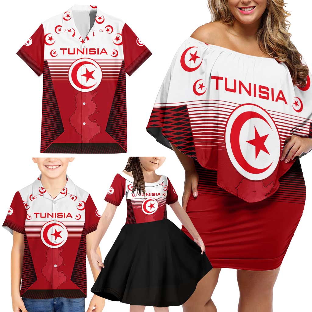 Tunisia Patriotic Family Matching Off Shoulder Short Dress and Hawaiian Shirt with National Crest, Crescent Star and Country Map