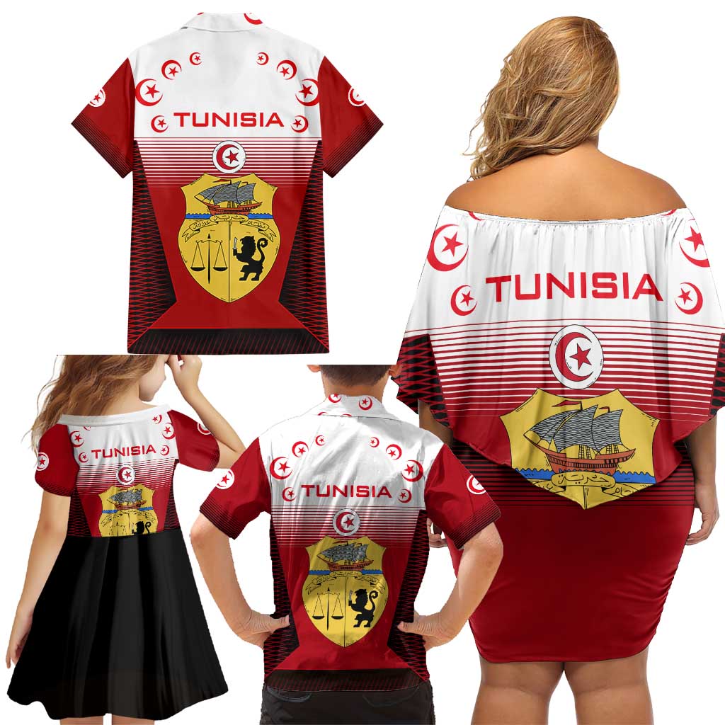 Tunisia Patriotic Family Matching Off Shoulder Short Dress and Hawaiian Shirt with National Crest, Crescent Star and Country Map
